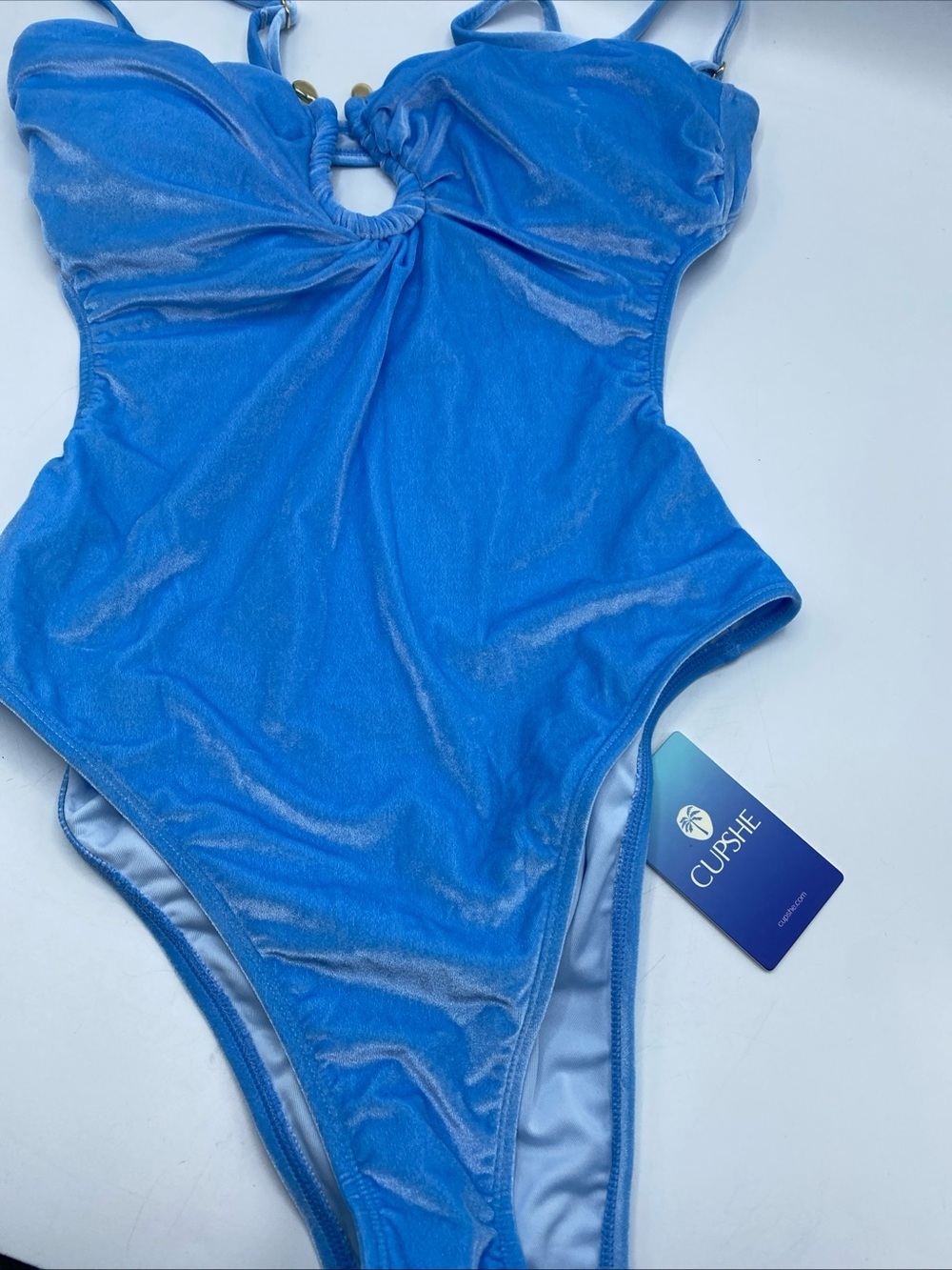 Cupshe One Piece Women's Swimsuit Light Blue Velour Open Back Large French Cut